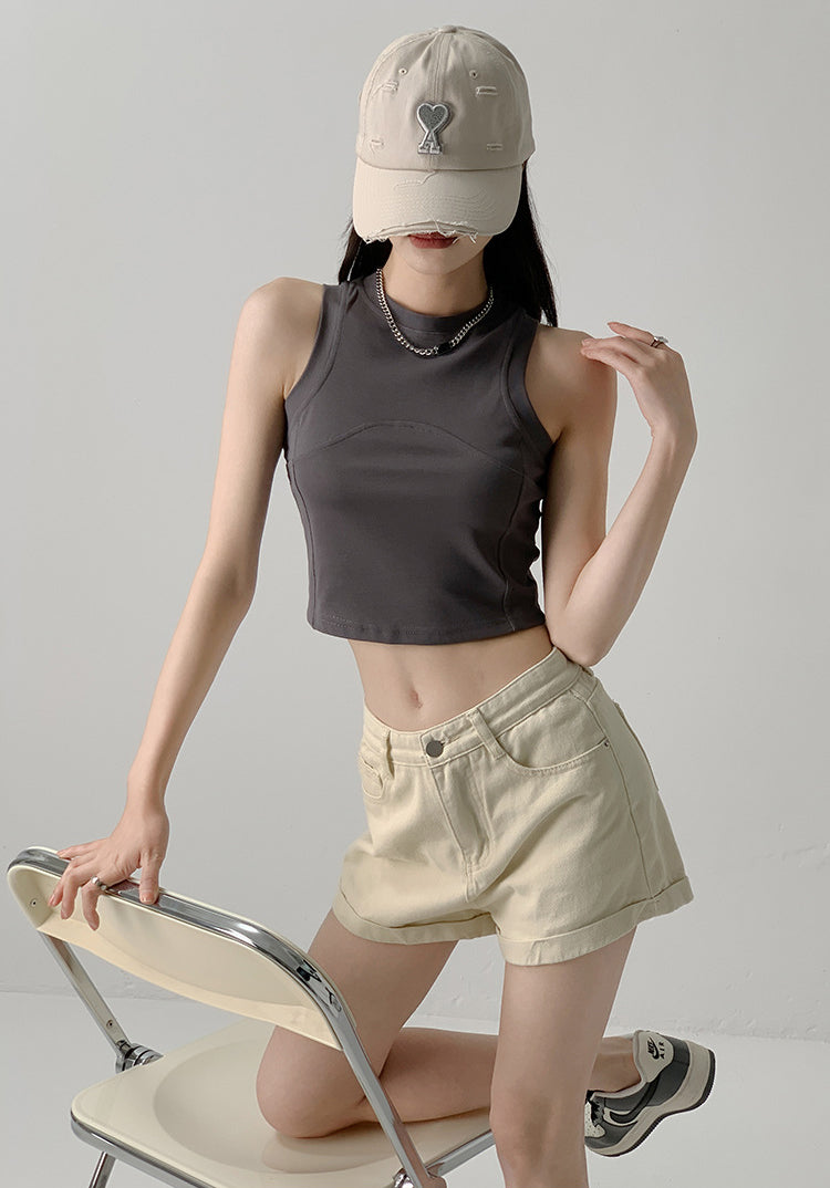 Women Solid Round Neck Tank Crop Top
