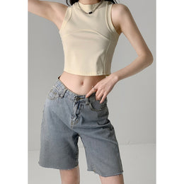 Women Solid Round Neck Tank Crop Top