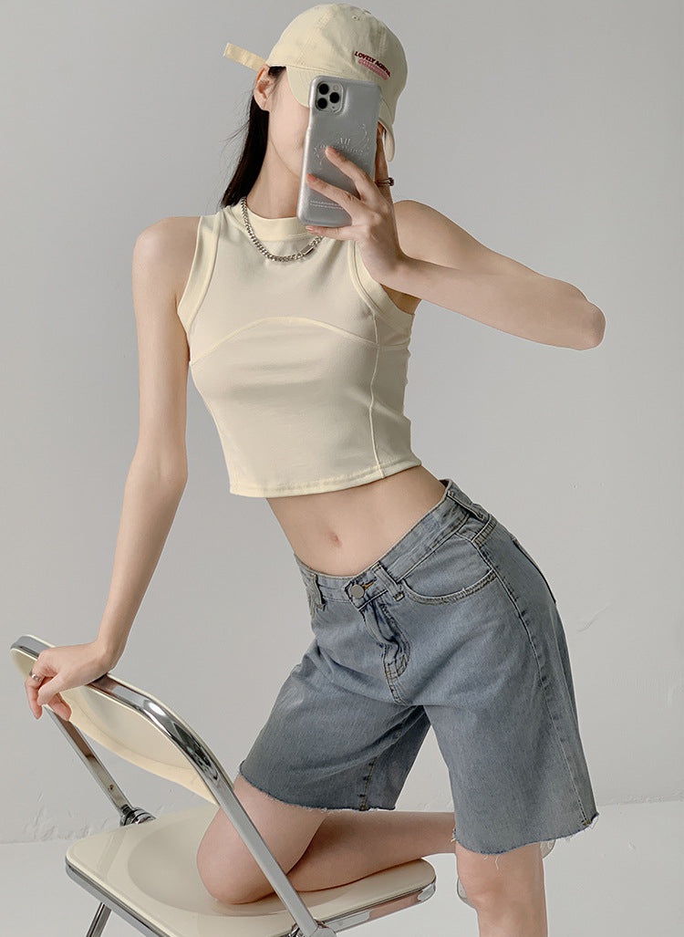 Women Solid Round Neck Tank Crop Top