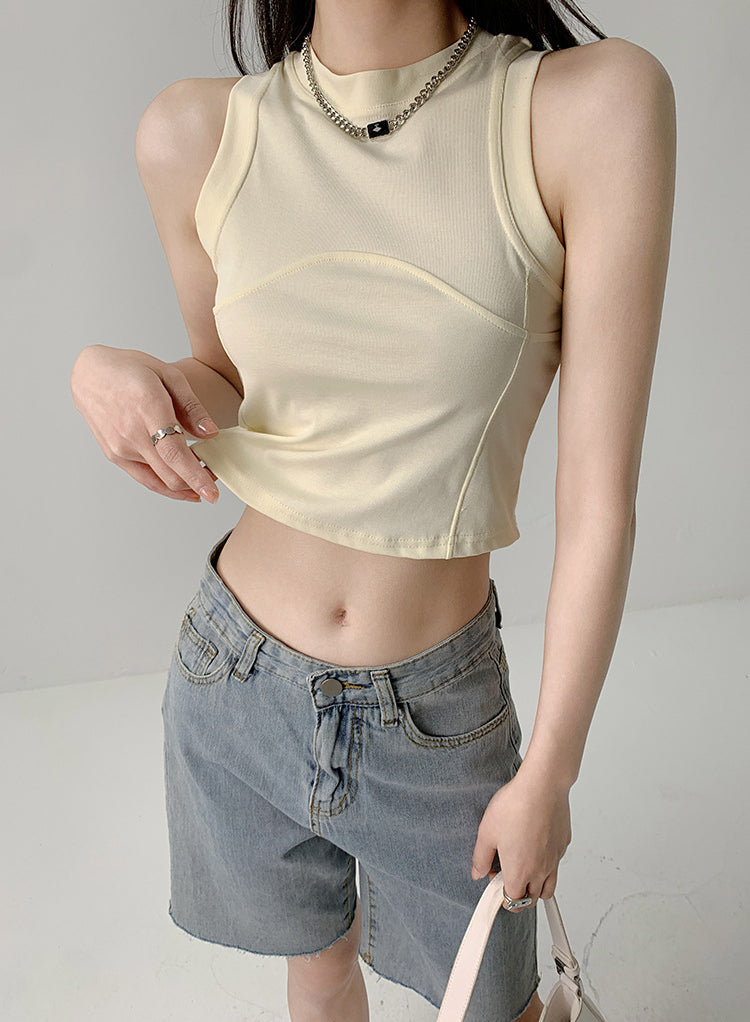 Women Solid Round Neck Tank Crop Top