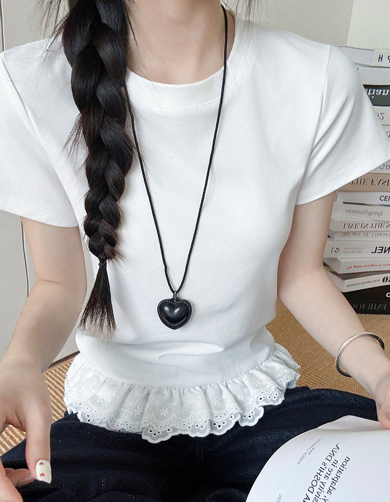 Women Round Neck Regular Lace Inserts Top