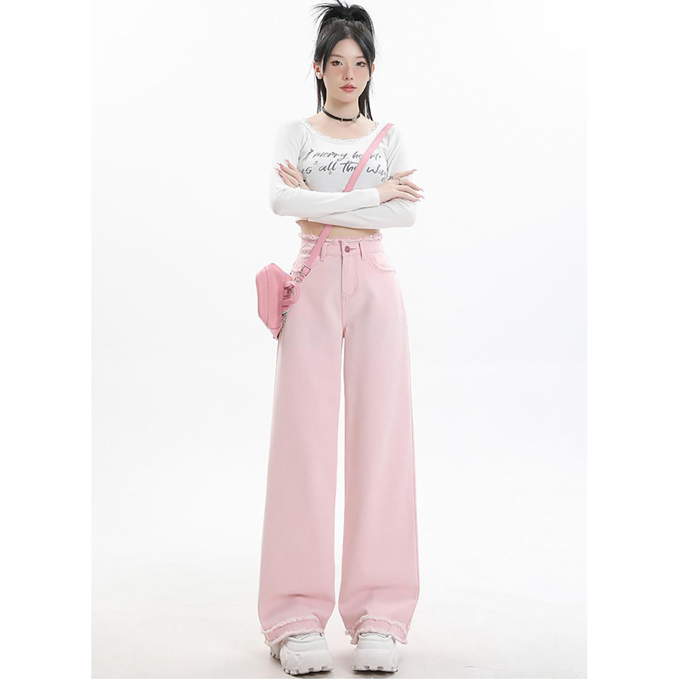 Women Wide Leg Slash Knee Jeans