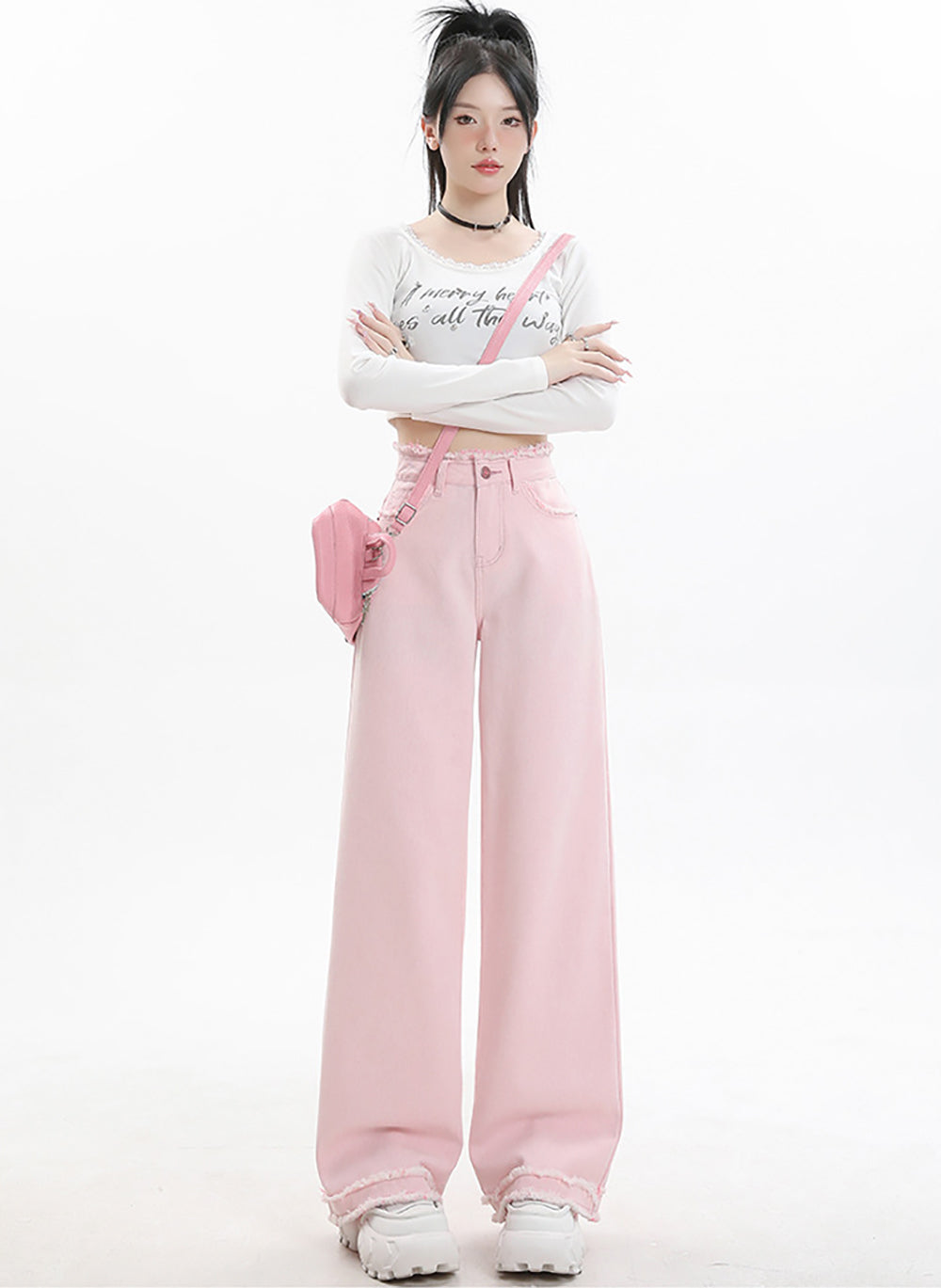 Women Wide Leg Slash Knee Jeans