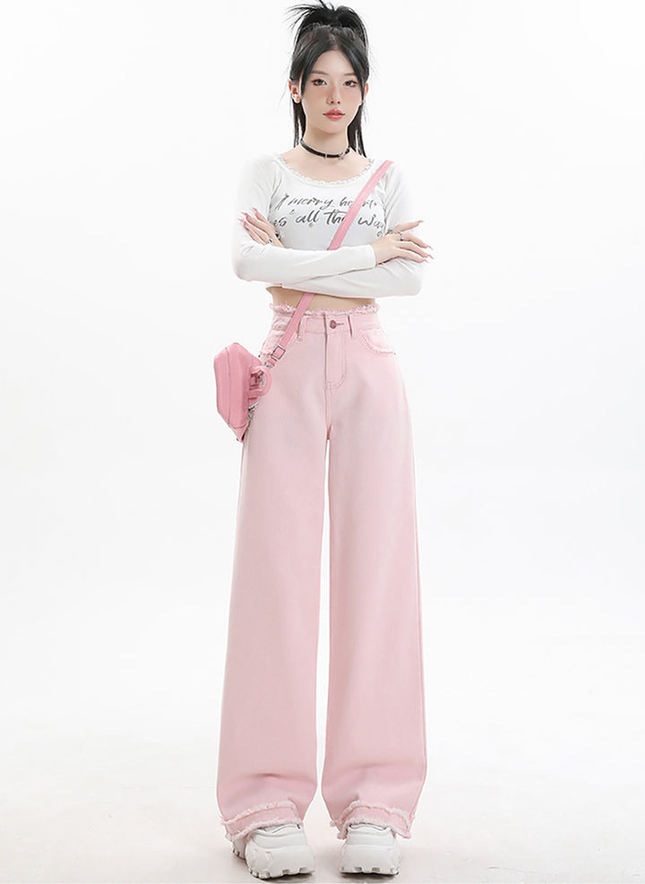 Women Wide Leg Slash Knee Jeans