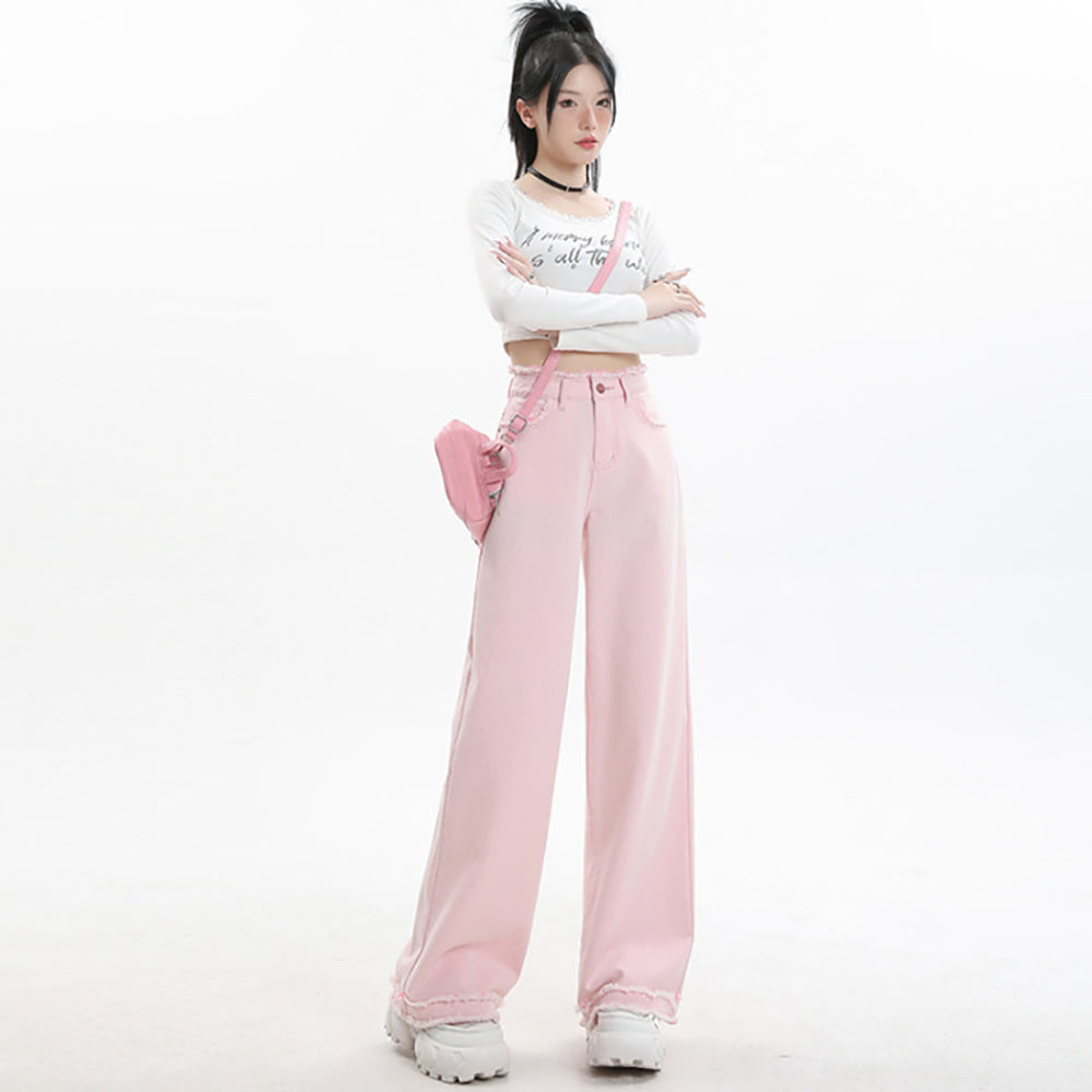 Women Wide Leg Slash Knee Jeans