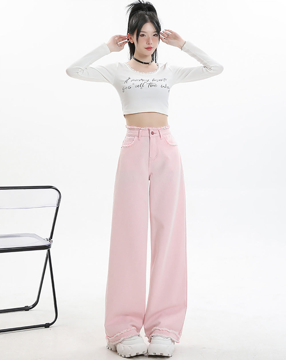 Women Wide Leg Slash Knee Jeans