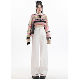 Women Wide Leg Low Distress Jeans