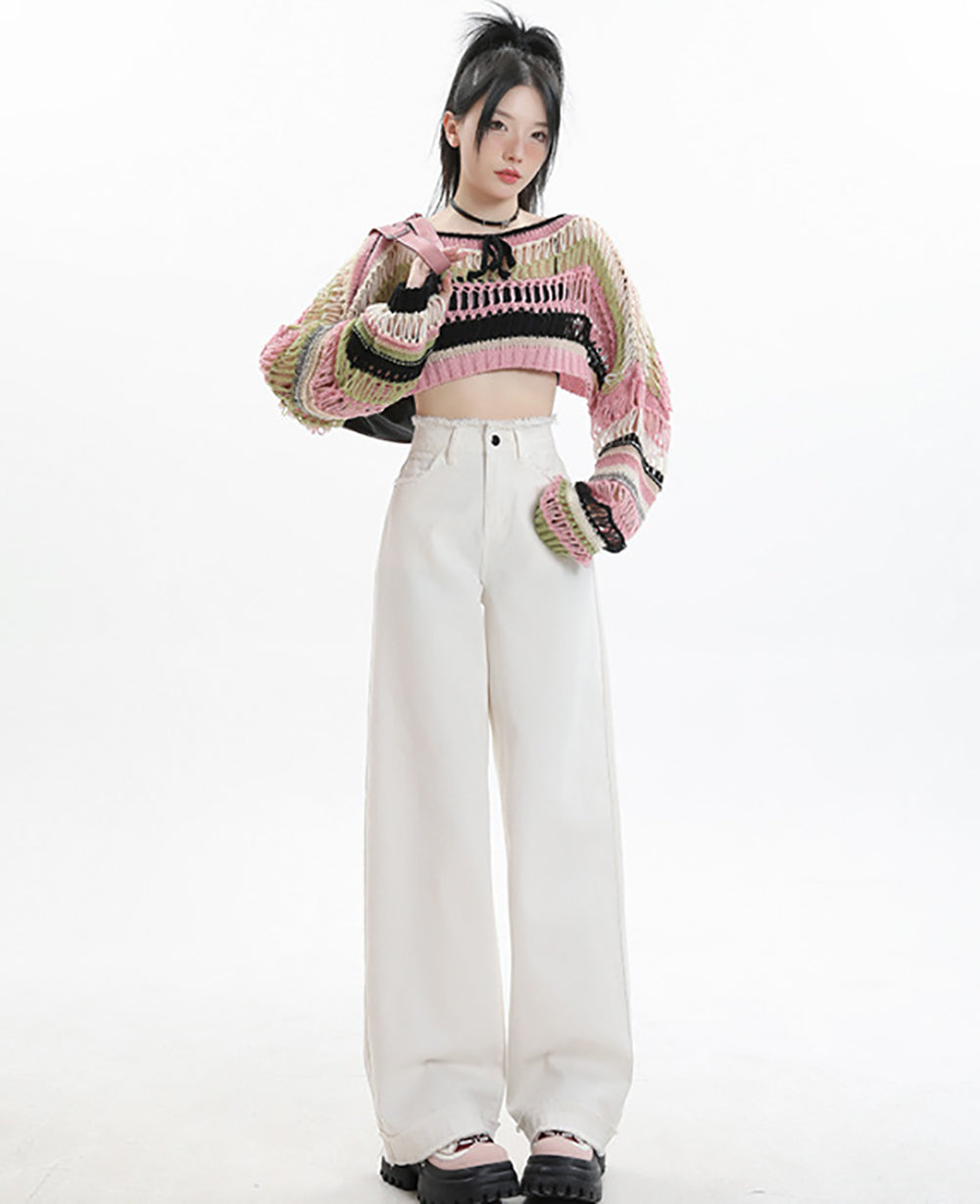 Women Wide Leg Low Distress Jeans