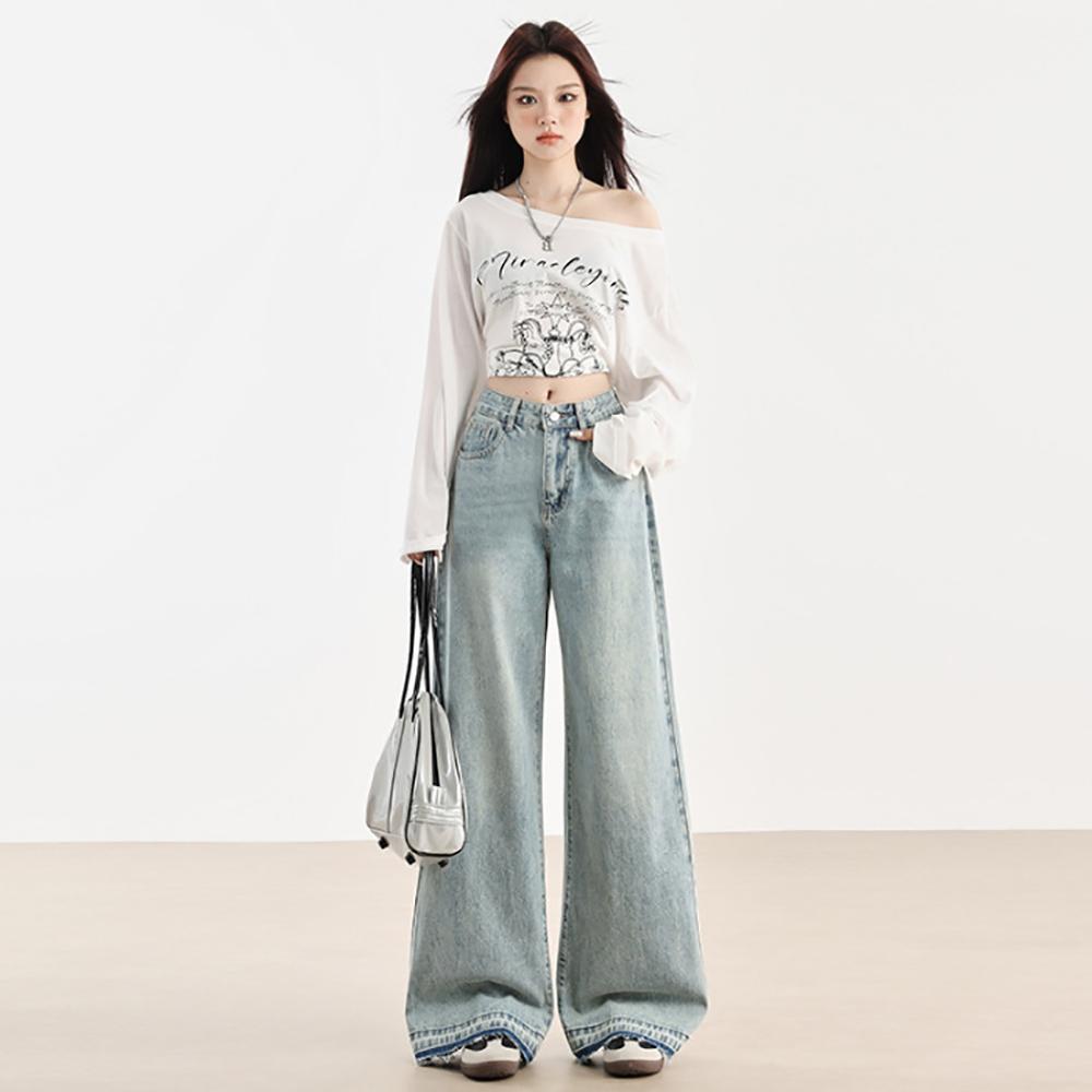 Women Wide Leg Low Distress Jeans
