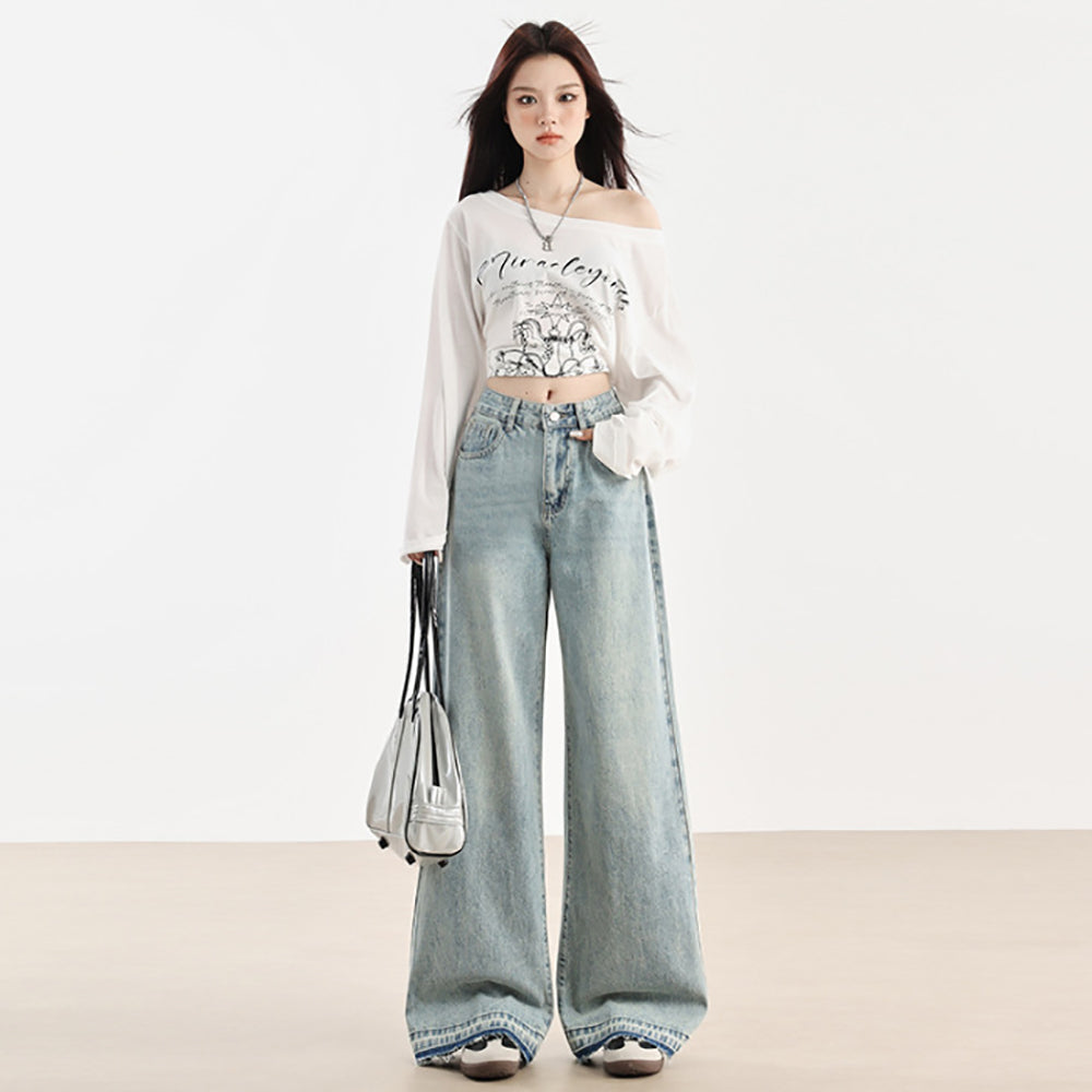 Women Wide Leg Low Distress Jeans
