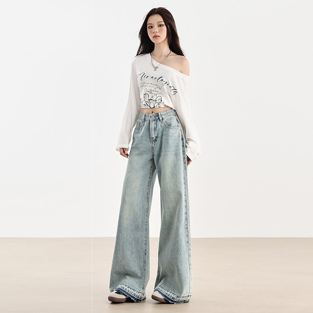 Women Wide Leg Low Distress Jeans