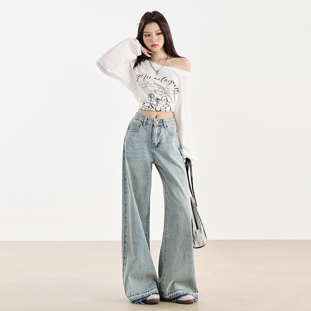 Women Wide Leg Low Distress Jeans
