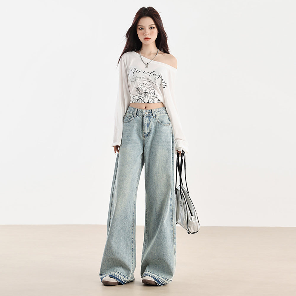Women Wide Leg Low Distress Jeans