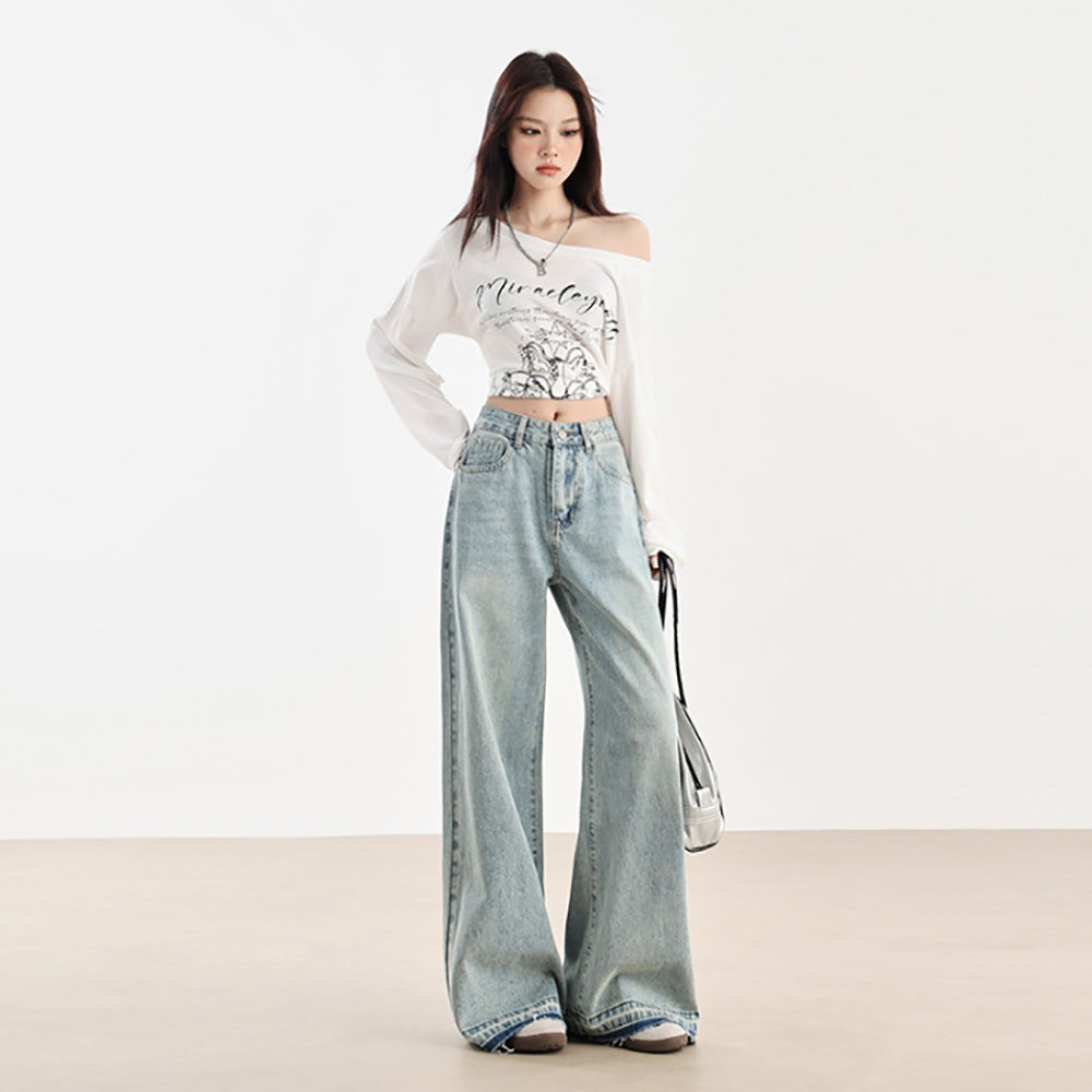 Women Wide Leg Low Distress Jeans