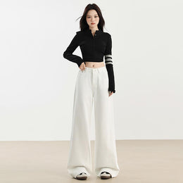 Women Wide Leg Slash Knee Jeans