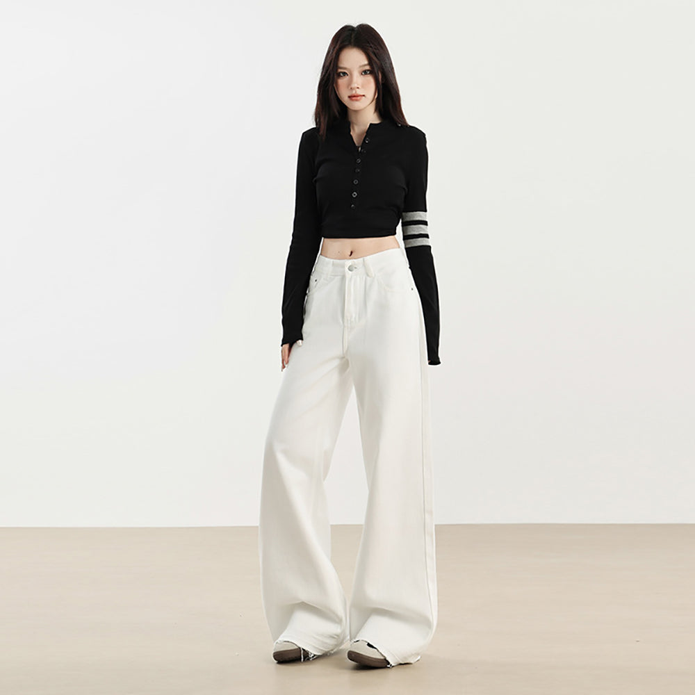 Women Wide Leg Slash Knee Jeans
