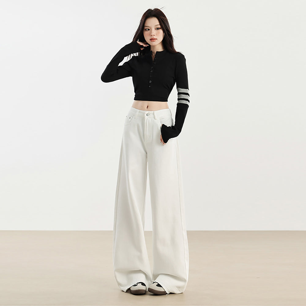 Women Wide Leg Slash Knee Jeans