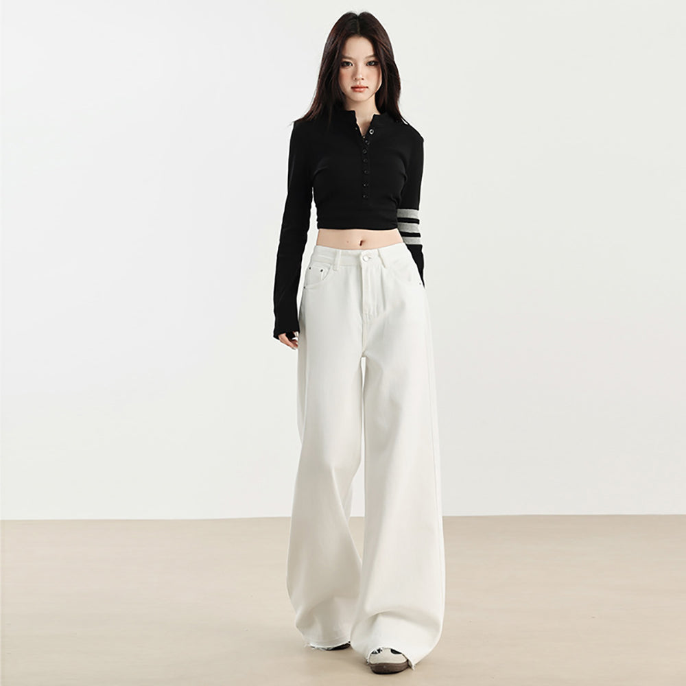 Women Wide Leg Slash Knee Jeans