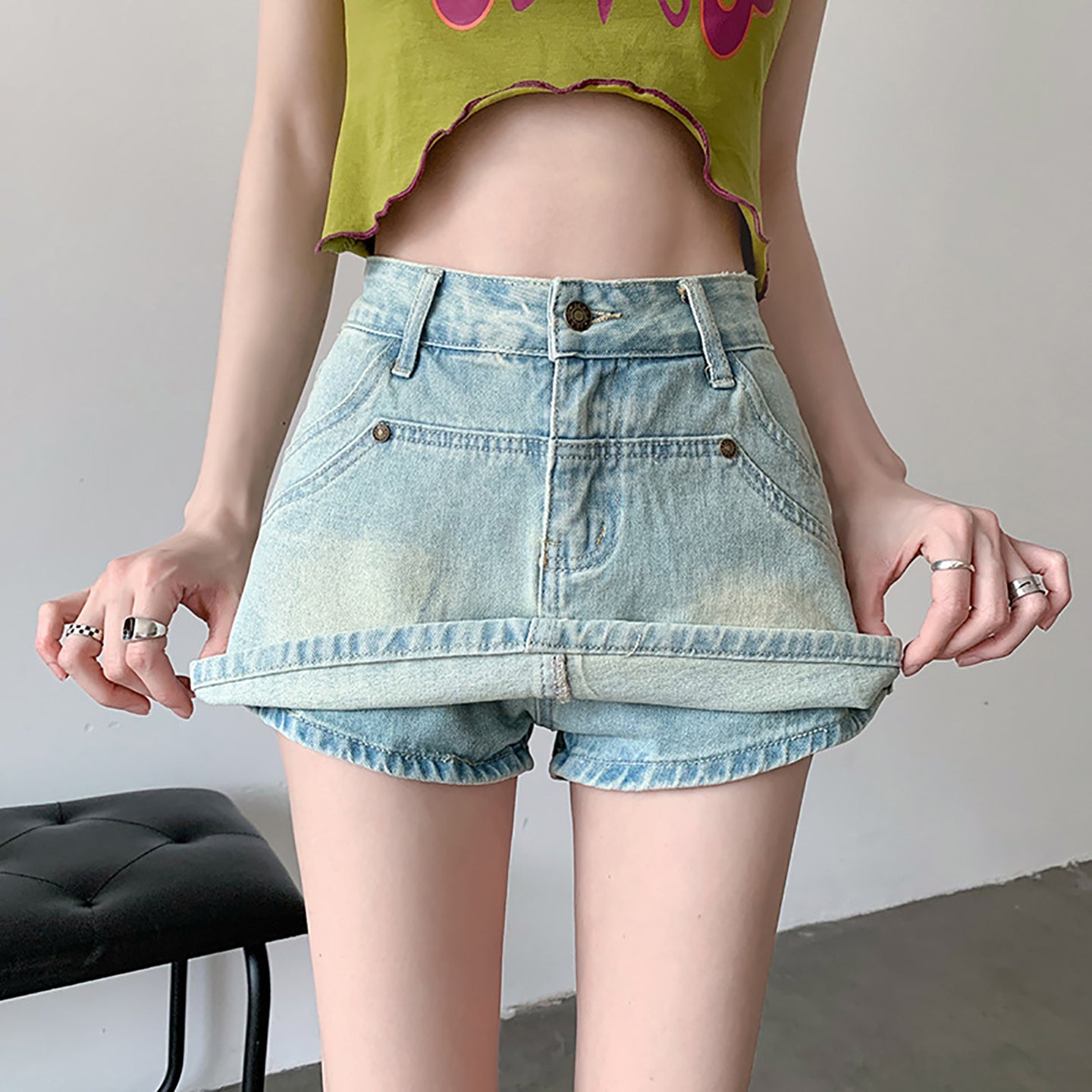 Women Washed Mid-Rise Denim Shorts