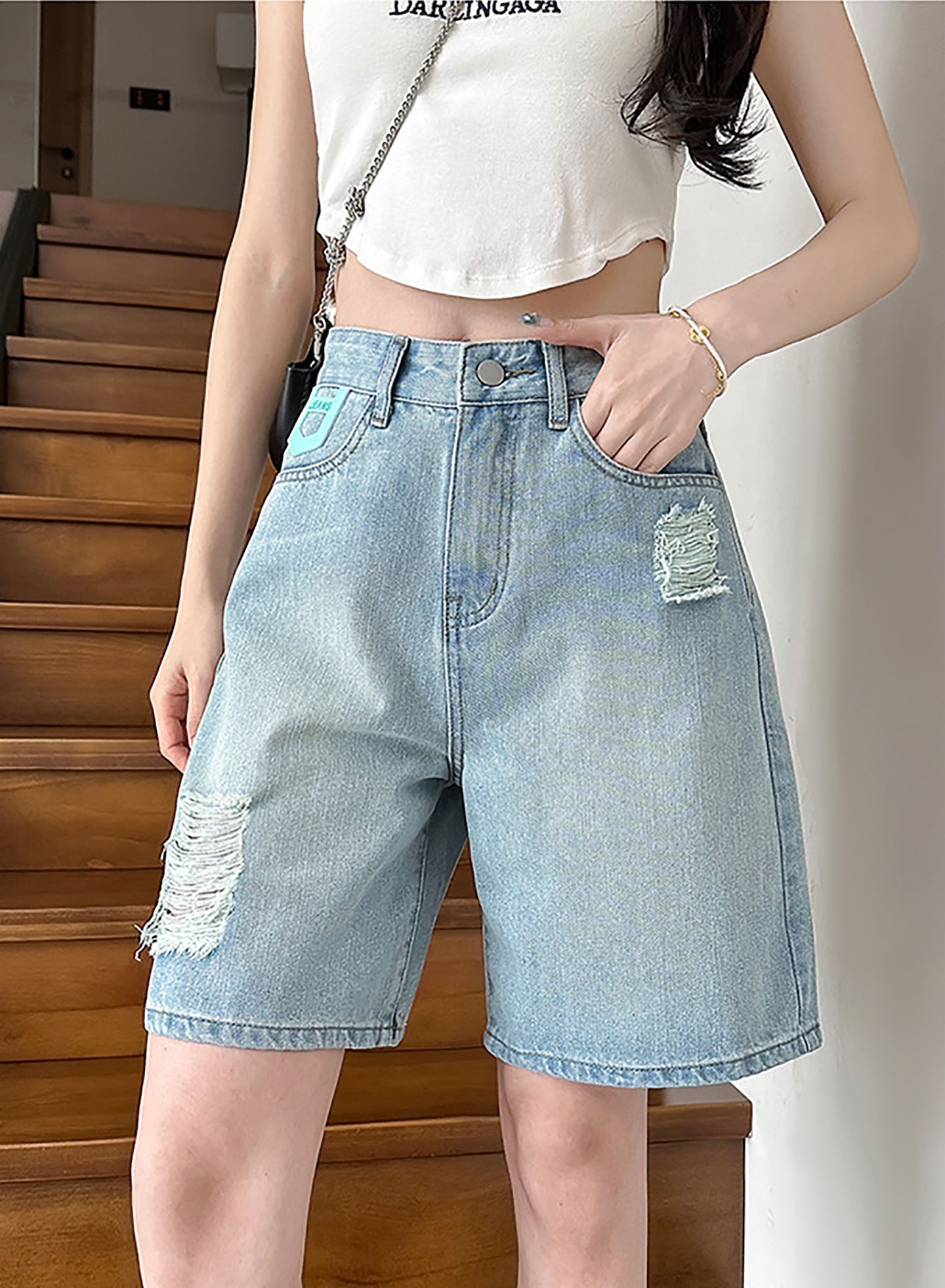Women Washed Ripped Denim Shorts