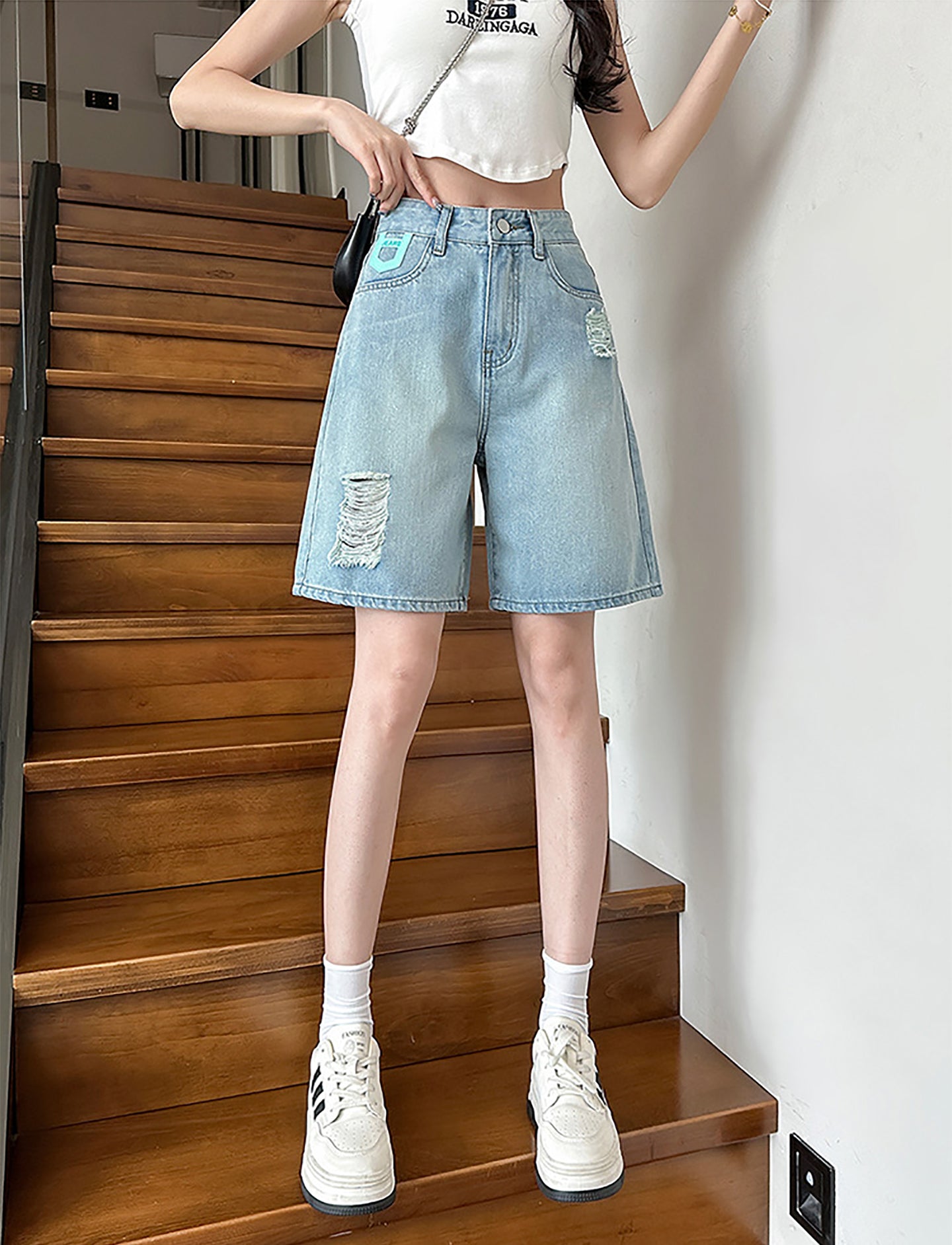 Women Washed Ripped Denim Shorts