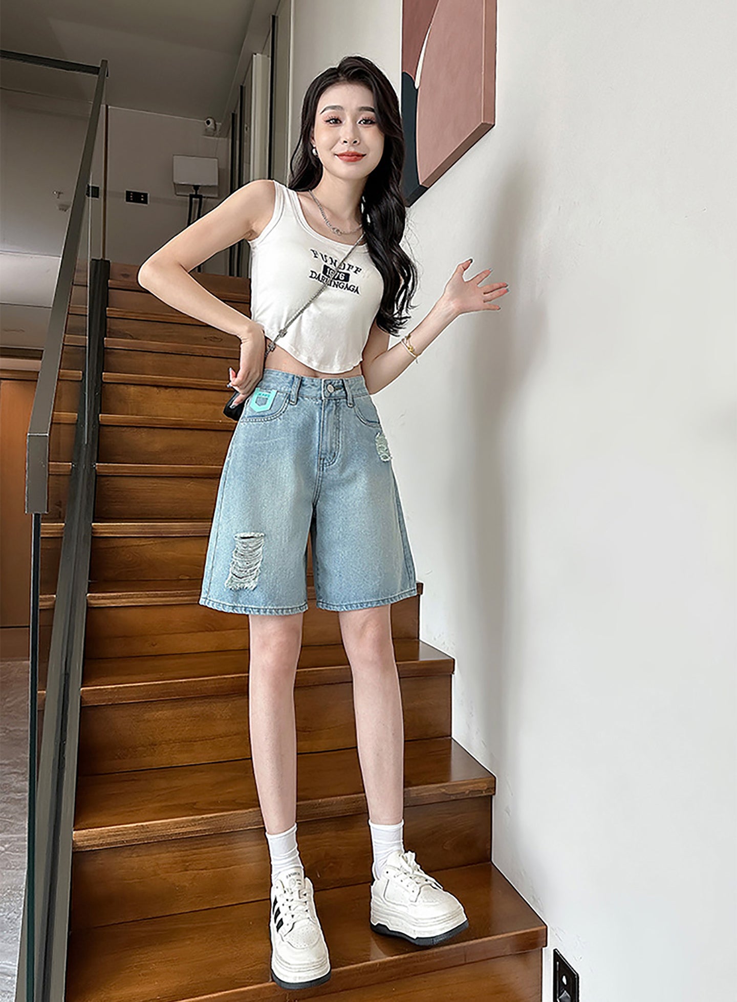 Women Washed Ripped Denim Shorts