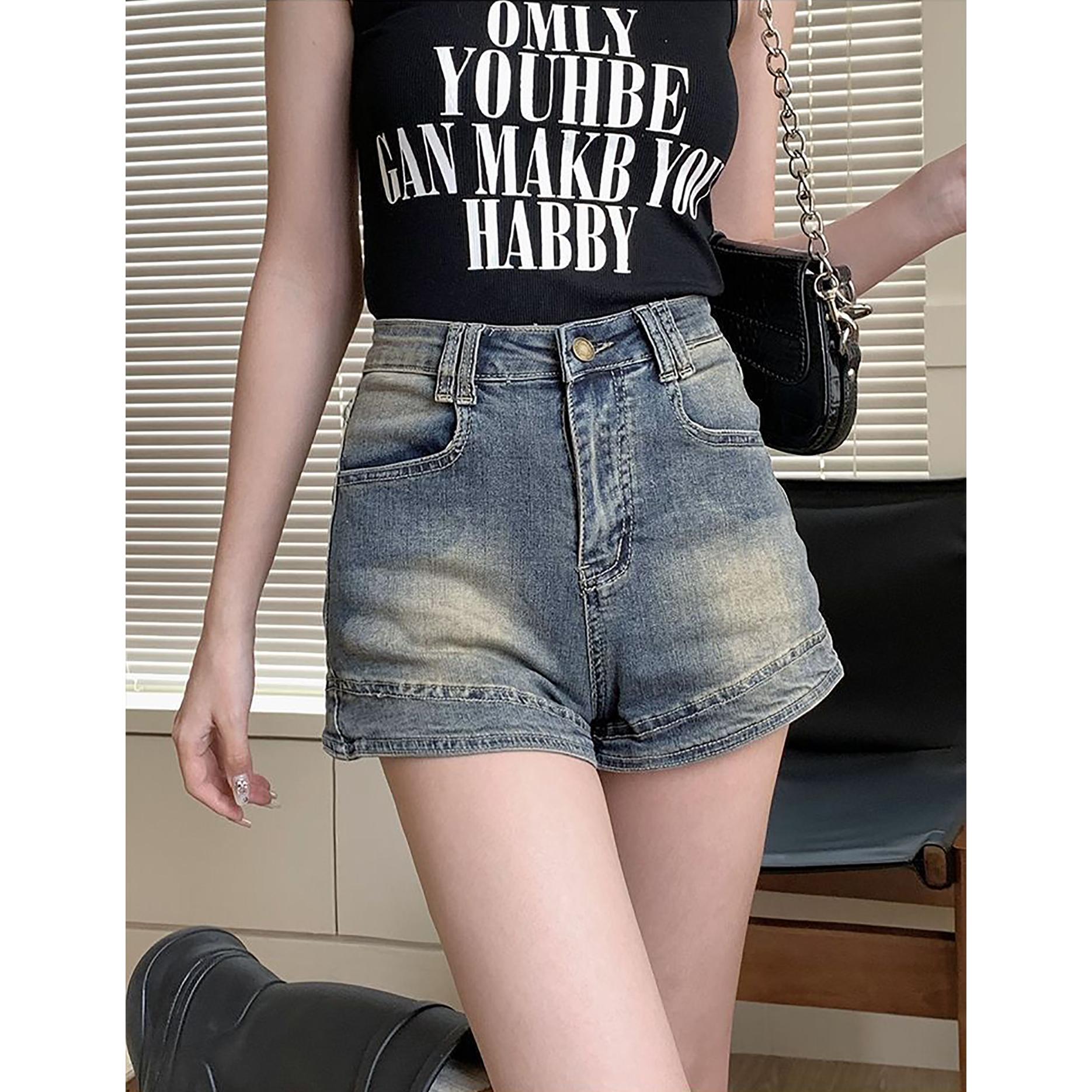 Women High-Rise Washed Denim Shorts