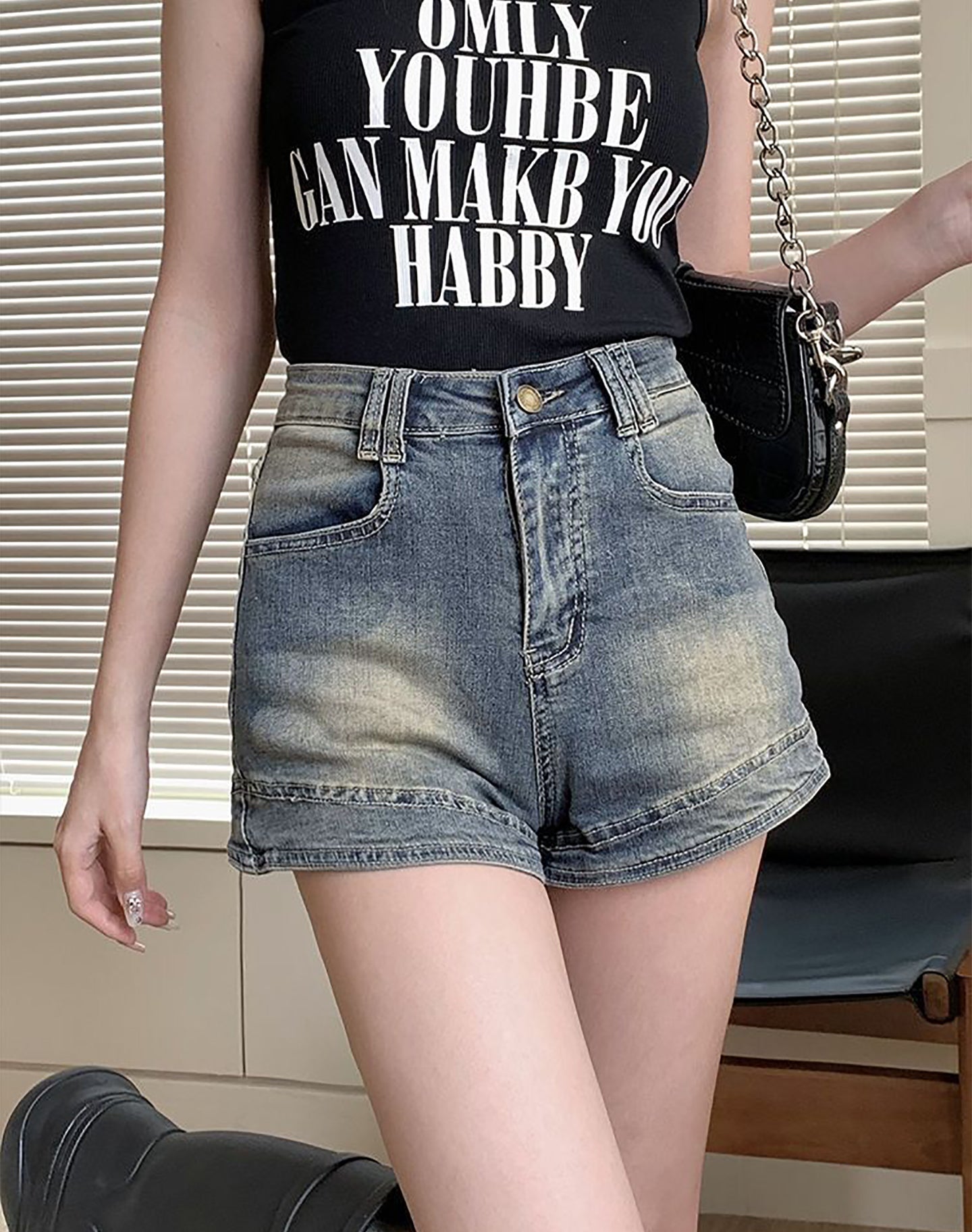 Women High-Rise Washed Denim Shorts