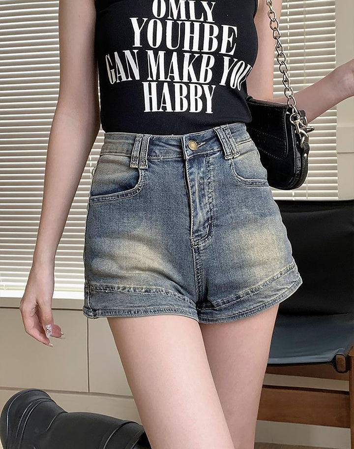 Women High-Rise Washed Denim Shorts