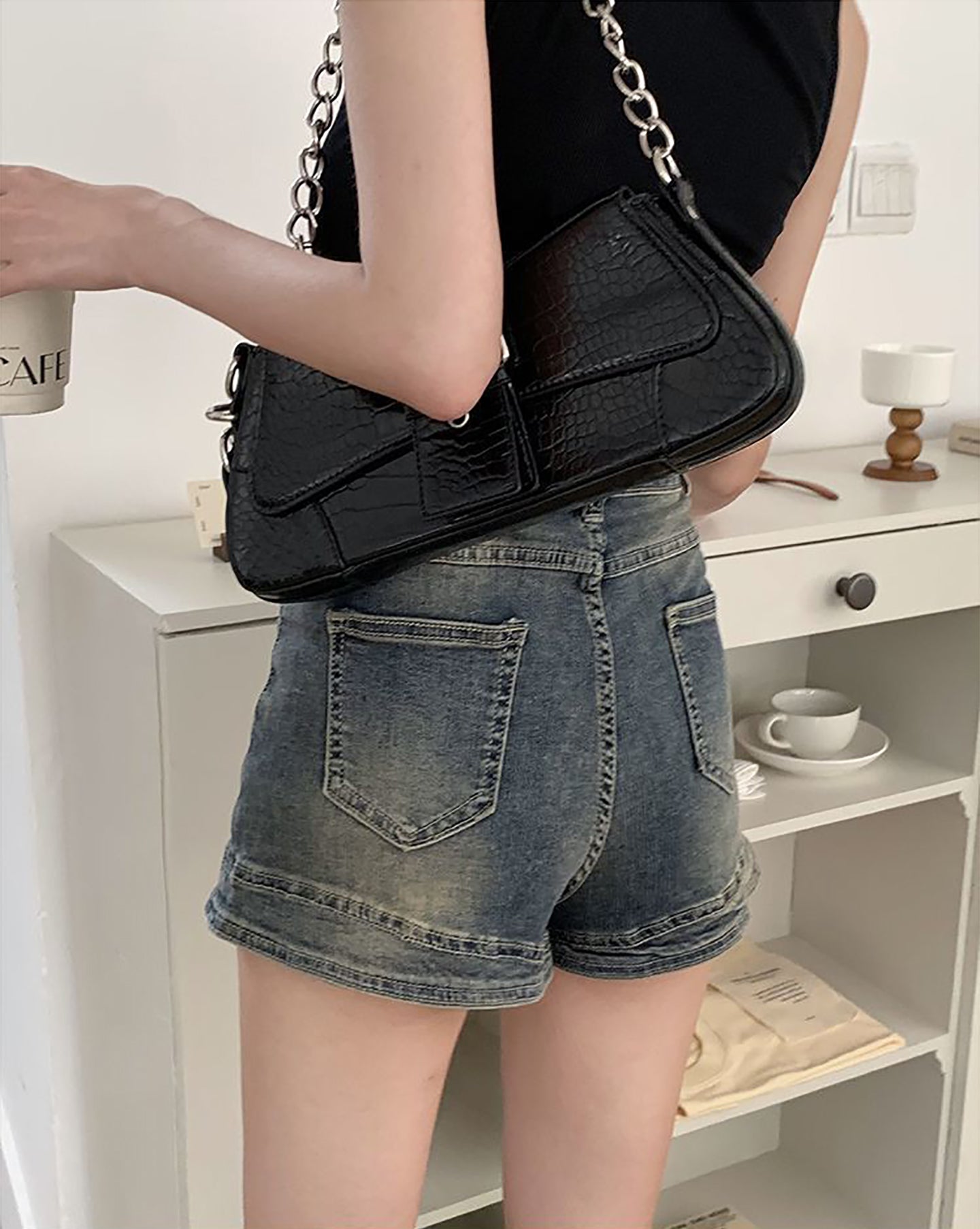 Women High-Rise Washed Denim Shorts