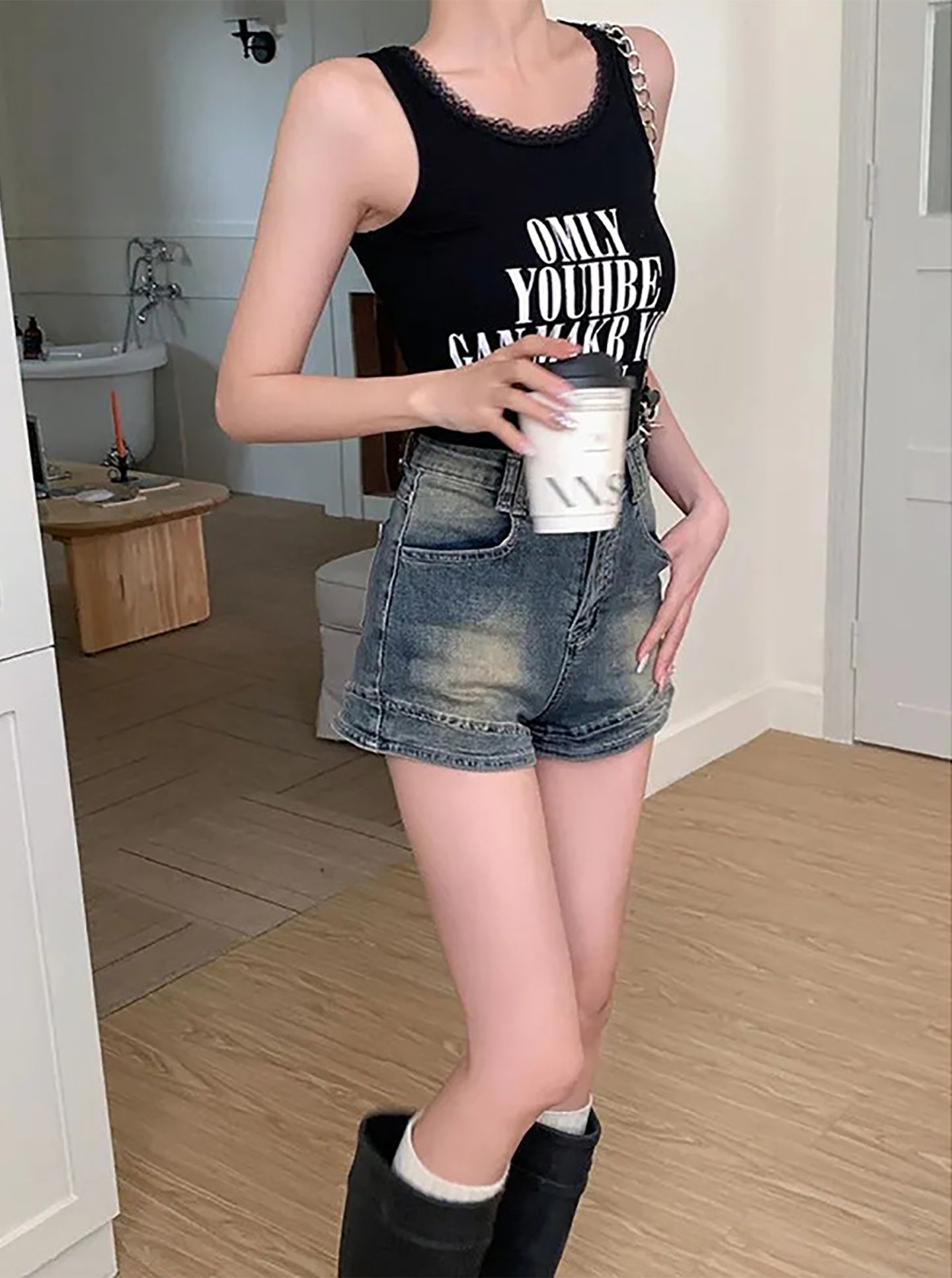 Women High-Rise Washed Denim Shorts