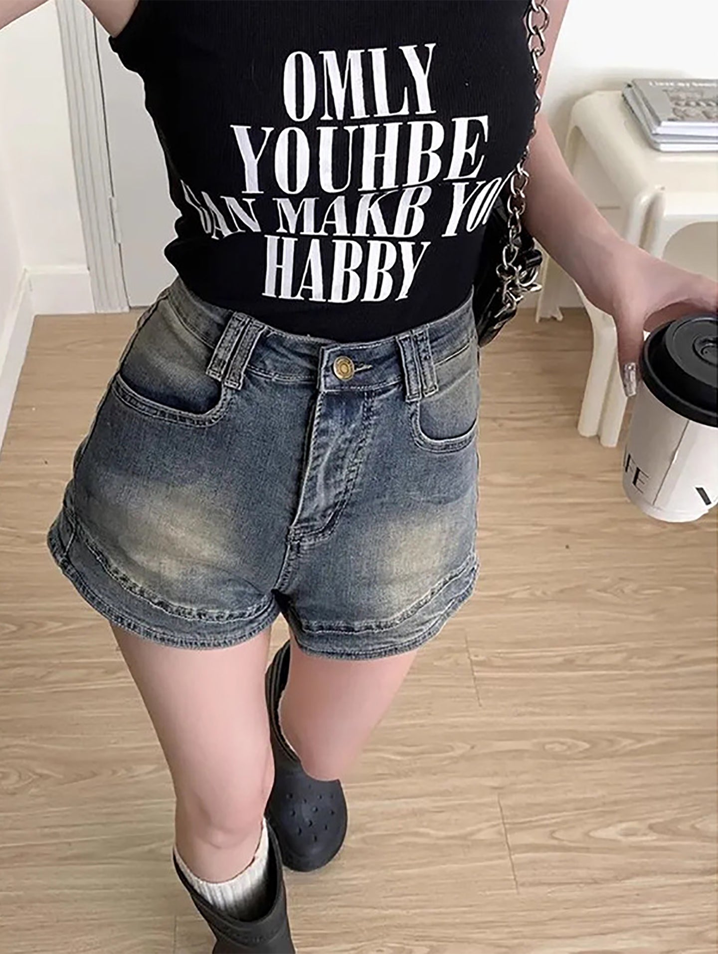 Women High-Rise Washed Denim Shorts