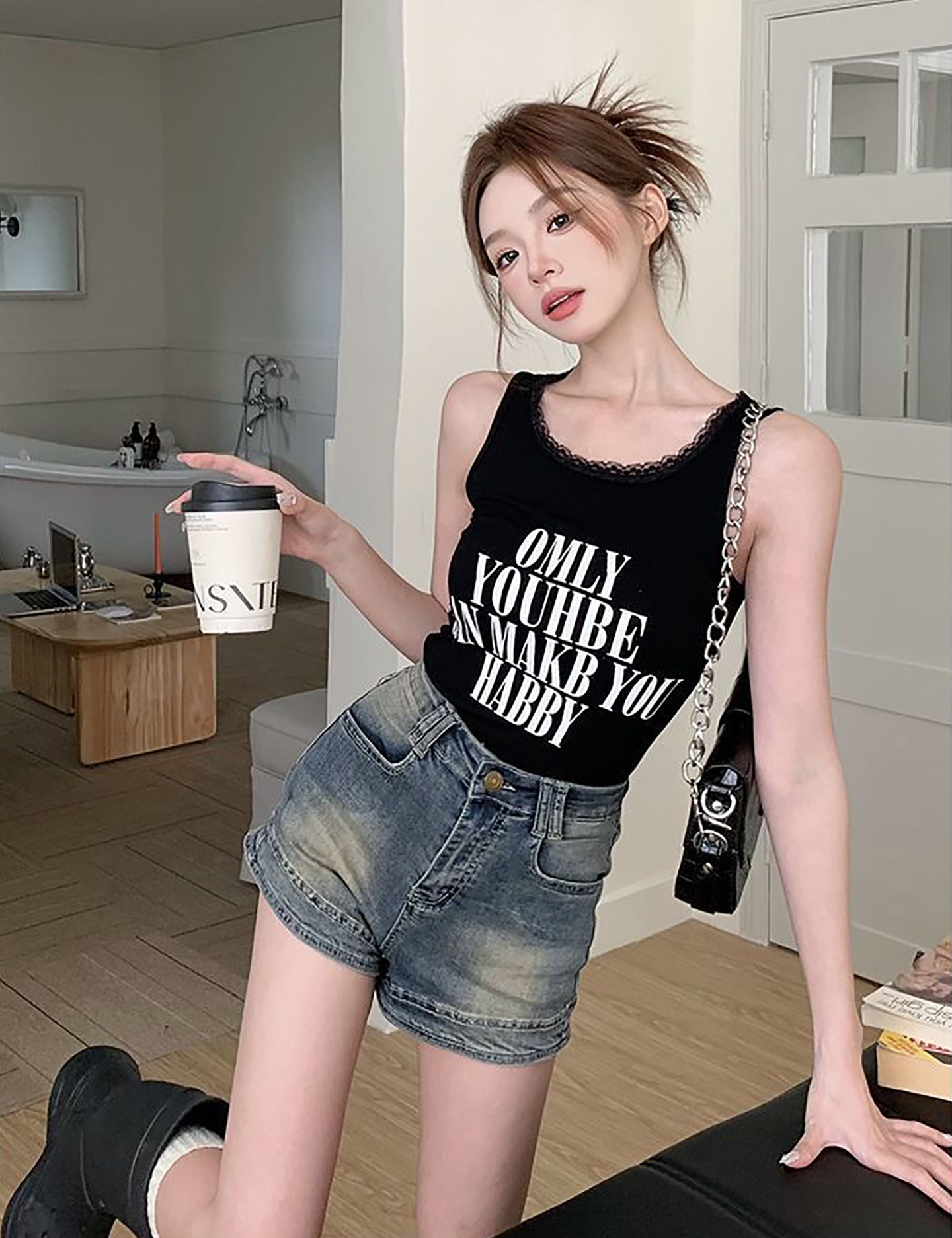 Women High-Rise Washed Denim Shorts
