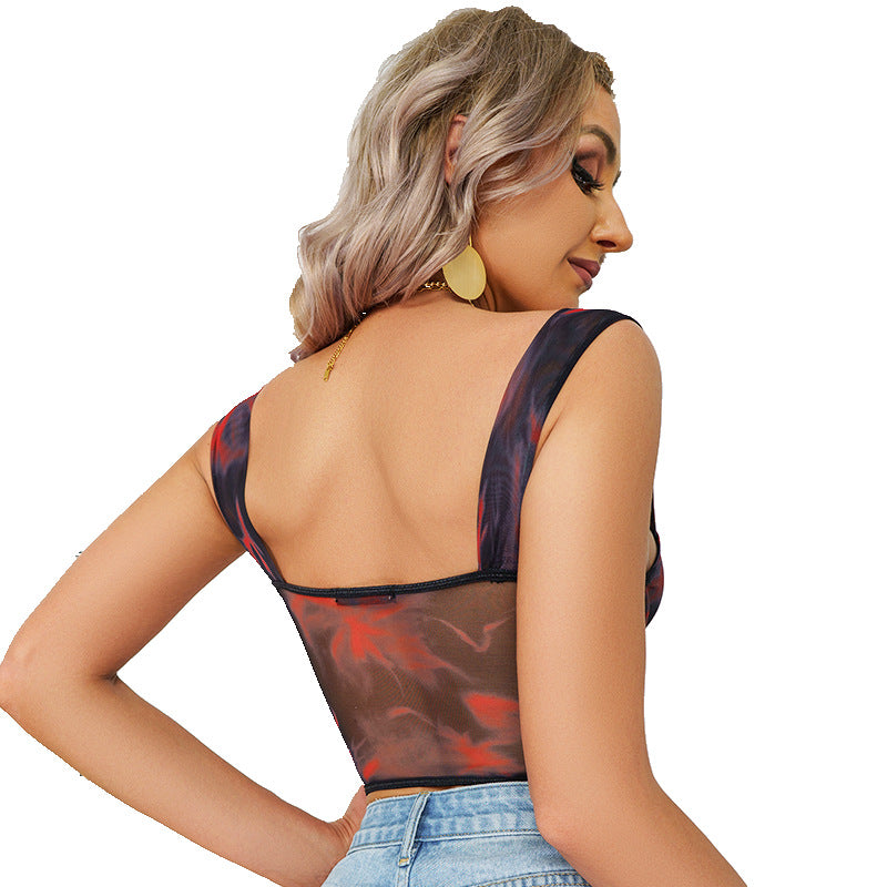 Abstract Print Sweetheart Neck Crop Top