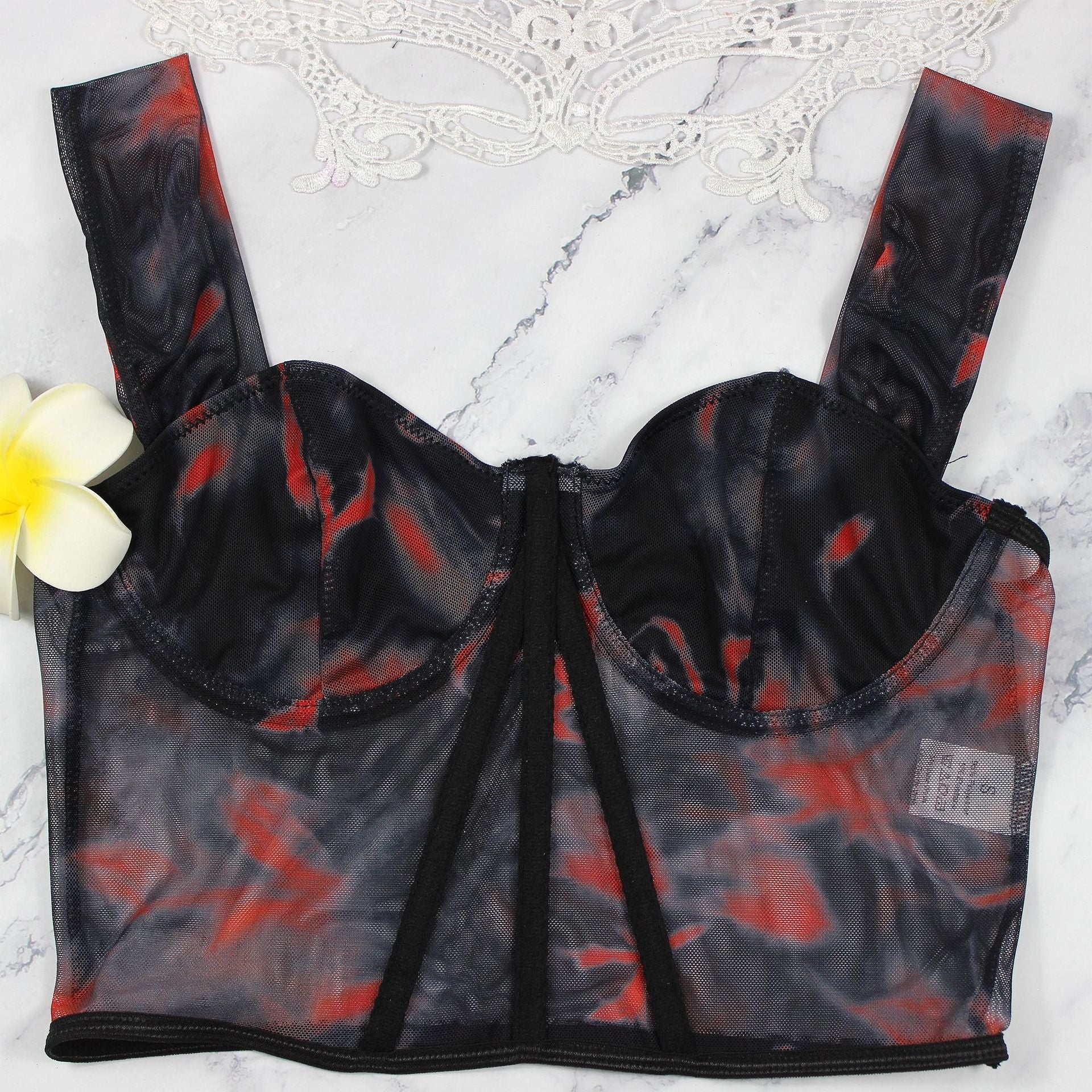 Abstract Print Sweetheart Neck Crop Top
