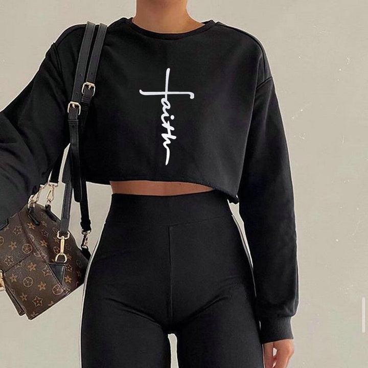 Women Typography Printed Round Neck Crop Sweatshirt