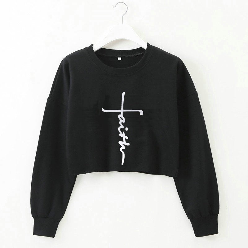 Women Typography Printed Round Neck Crop Sweatshirt