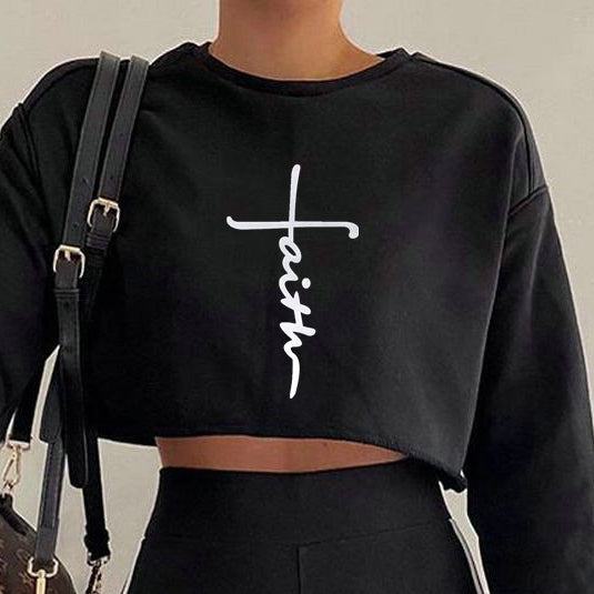 Women Typography Printed Round Neck Crop Sweatshirt