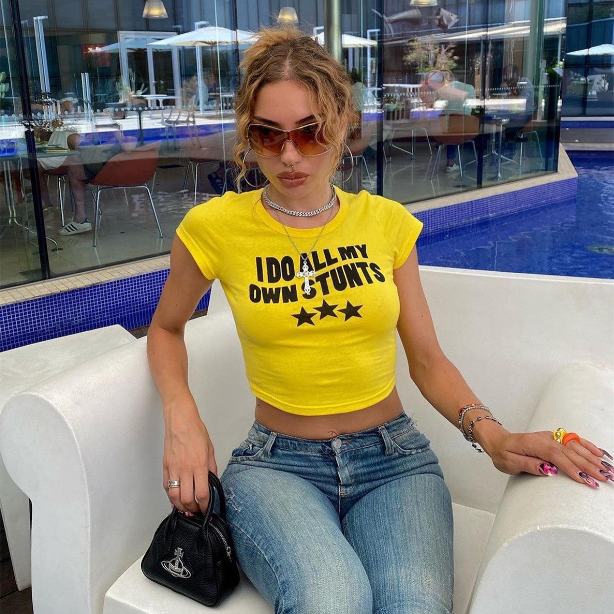 Typography Printed Round Neck Crop Top