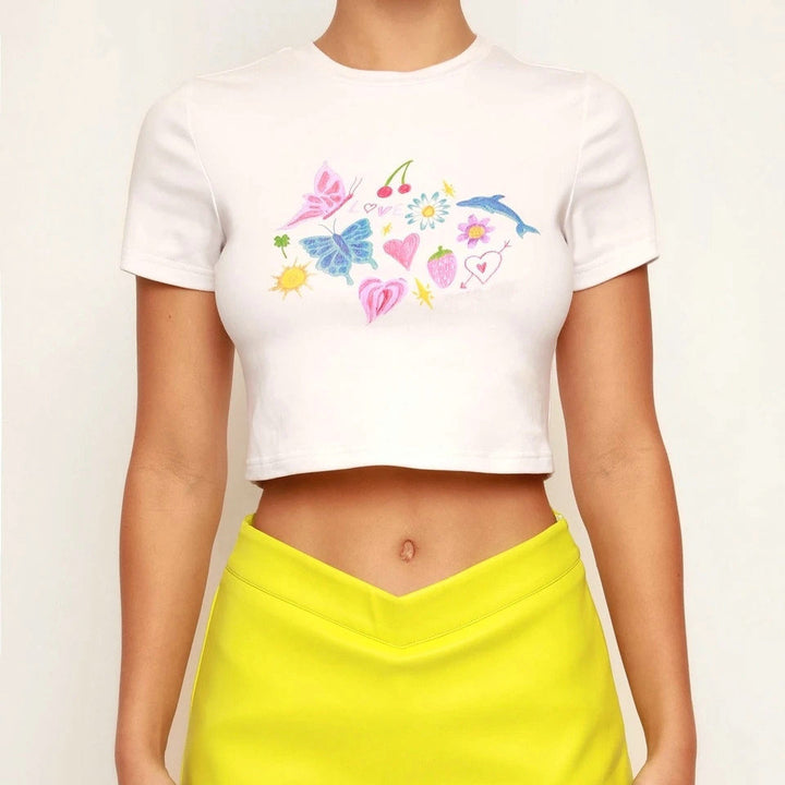 Graphic Printed Round Neck Crop Top
