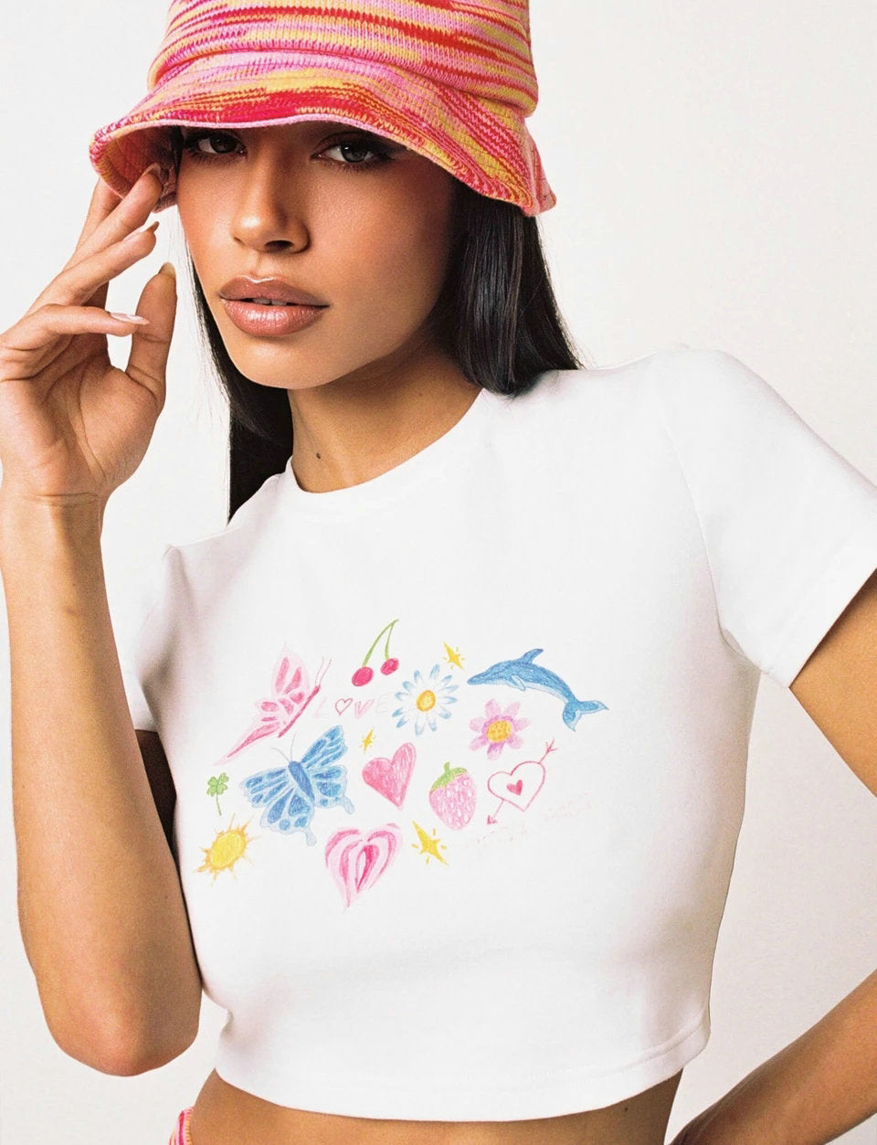 Graphic Printed Round Neck Crop Top
