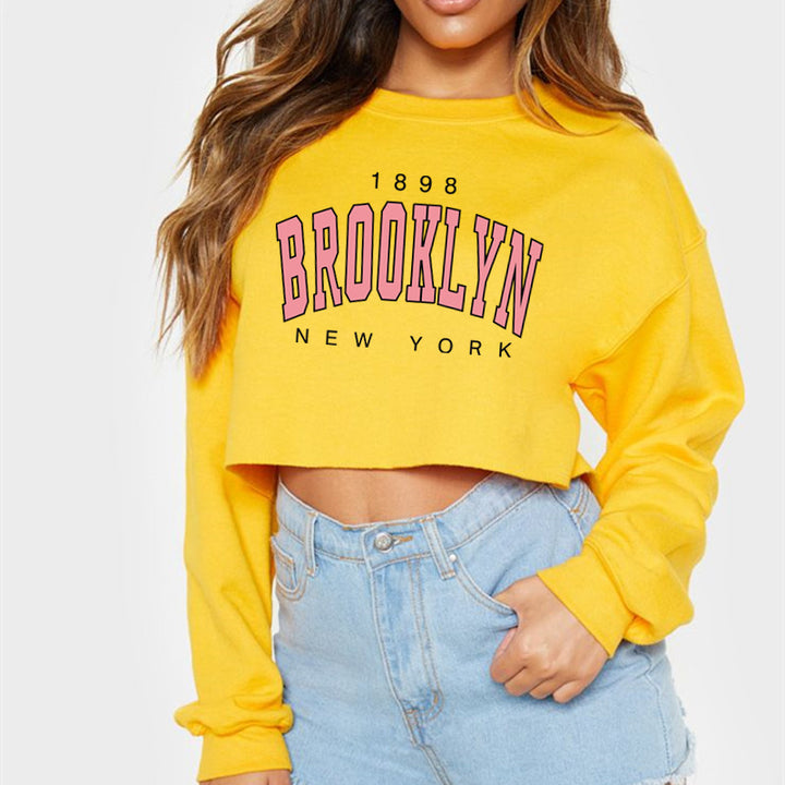Women Typography Printed Round Neck Crop Sweatshirt
