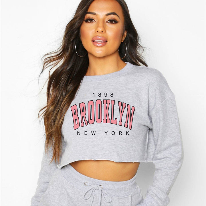 Women Typography Printed Round Neck Crop Sweatshirt