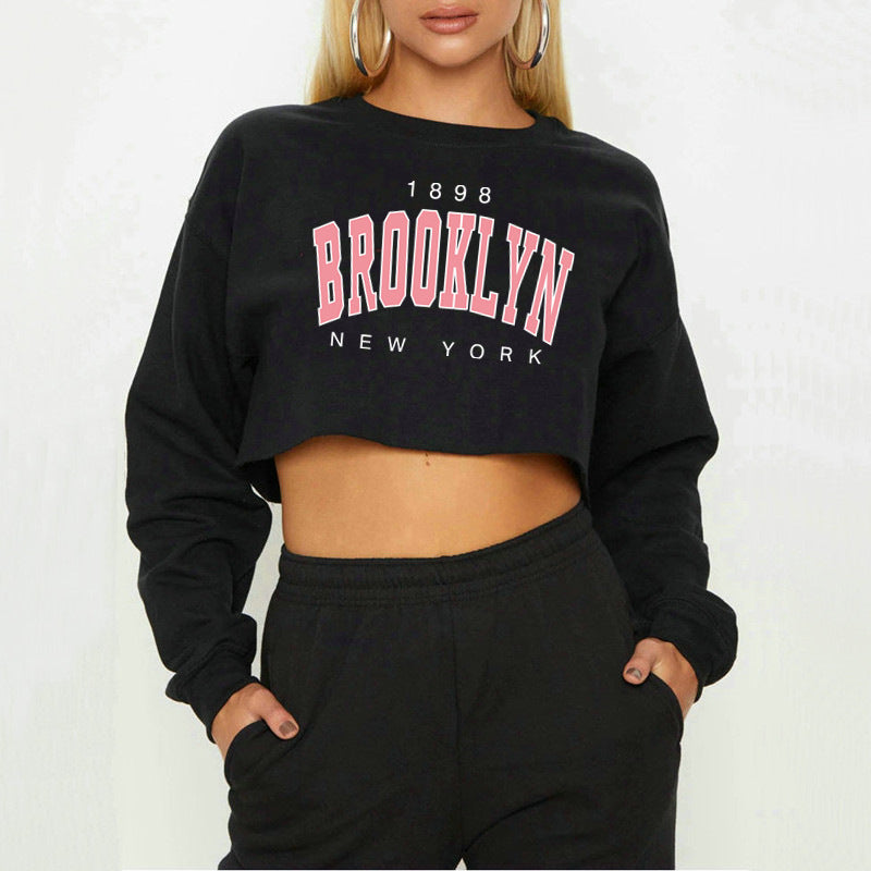 Women Typography Printed Round Neck Crop Sweatshirt