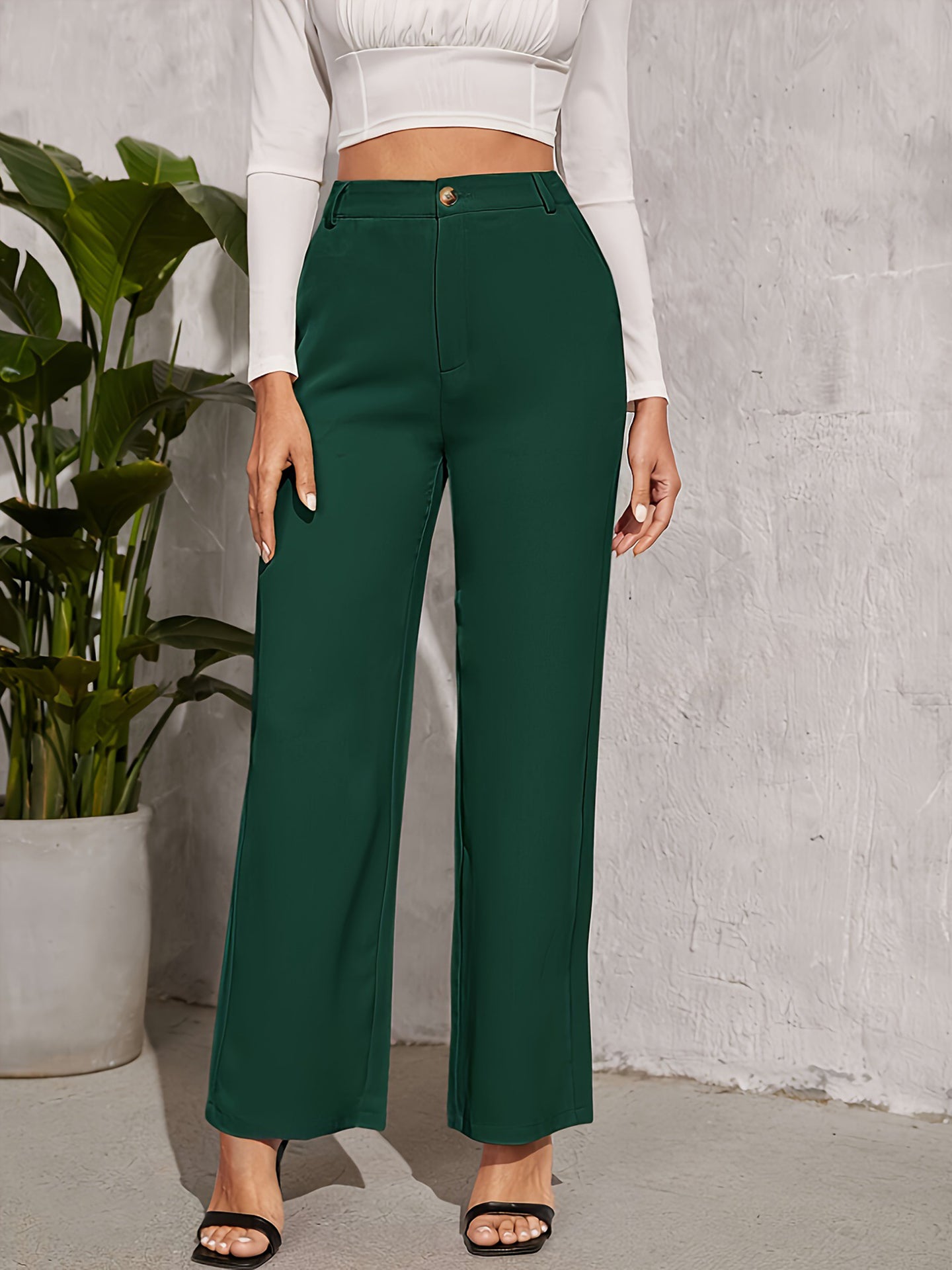 Green Solid Mid-Rise Regular Fit Formal Trousers