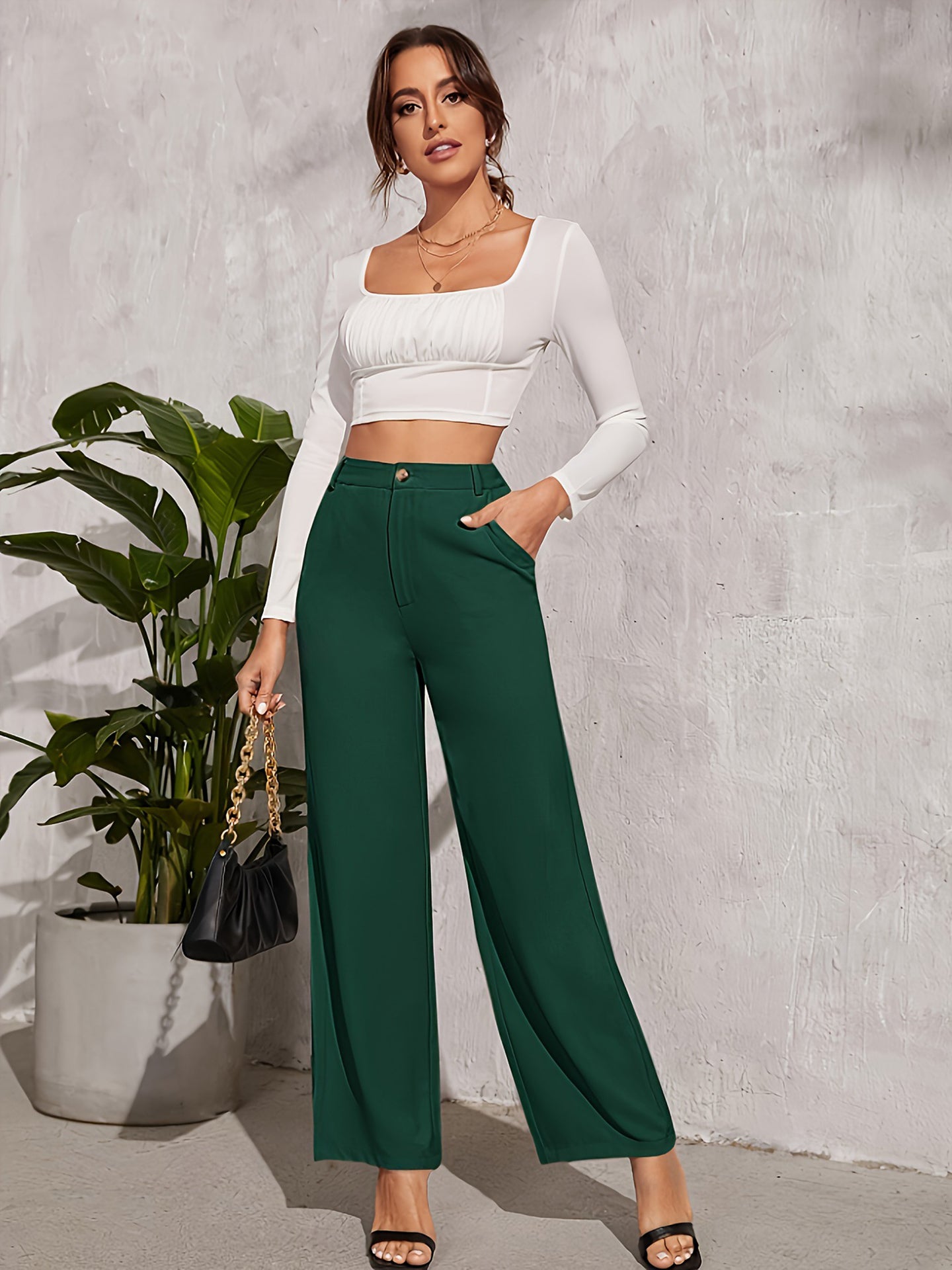 Green Solid Mid-Rise Regular Fit Formal Trousers