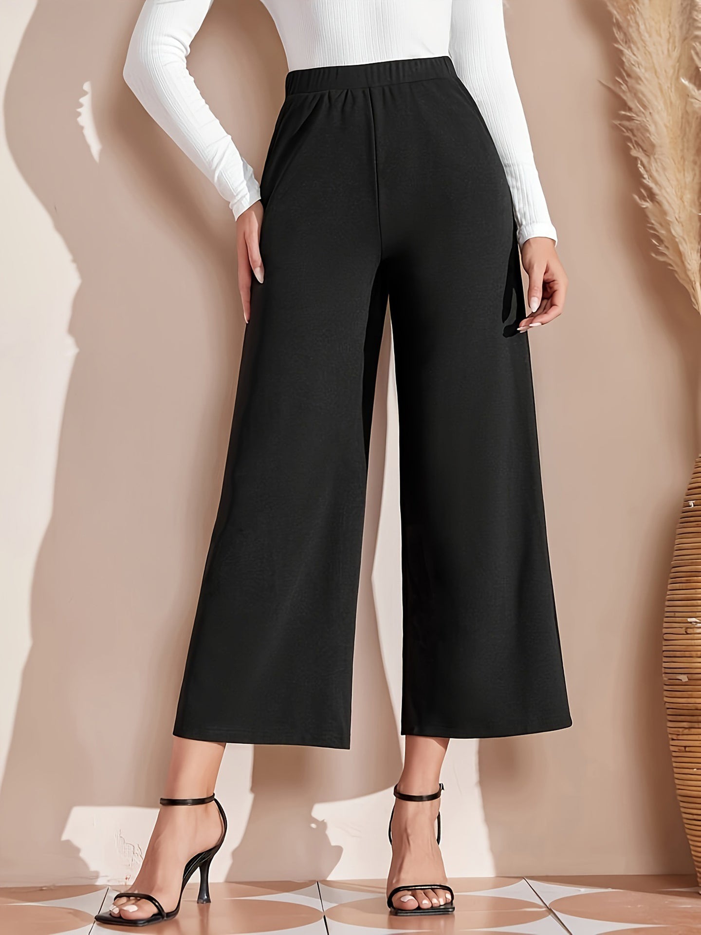 Women Solid Regular Fit Easy Wash Wide Leg Trousers