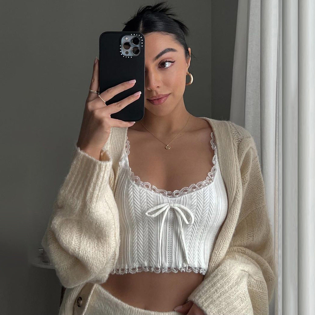 Cuffed Sleeves Lace-Up crop Top