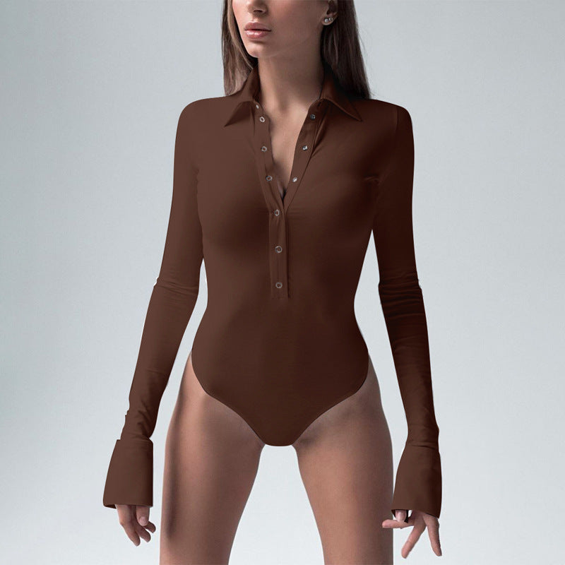 Women Shirt Collar Long Sleeves Bodysuit