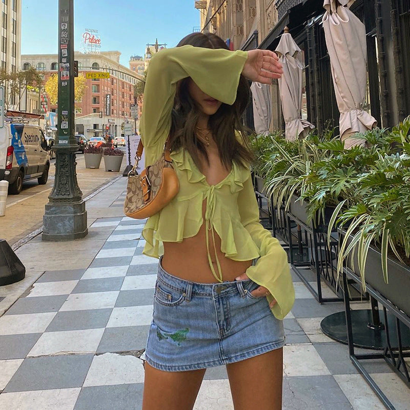 halter neck bell sleeves ruffles shirt style top